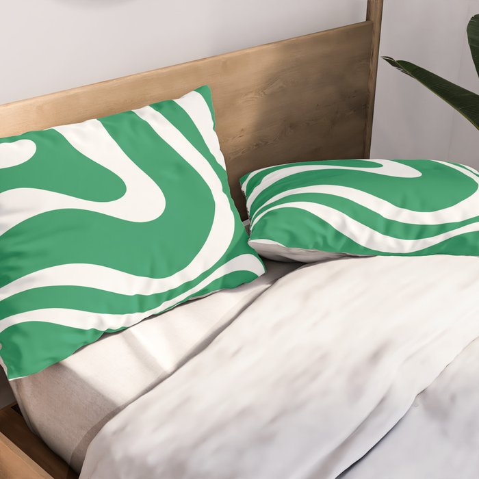 Green and White Retro Modern Liquid Swirl Abstract Pattern Pillow Sham Gallery Image 2
