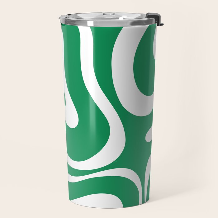 Green and White Retro Modern Liquid Swirl Abstract Pattern Travel Mug Gallery Image 2