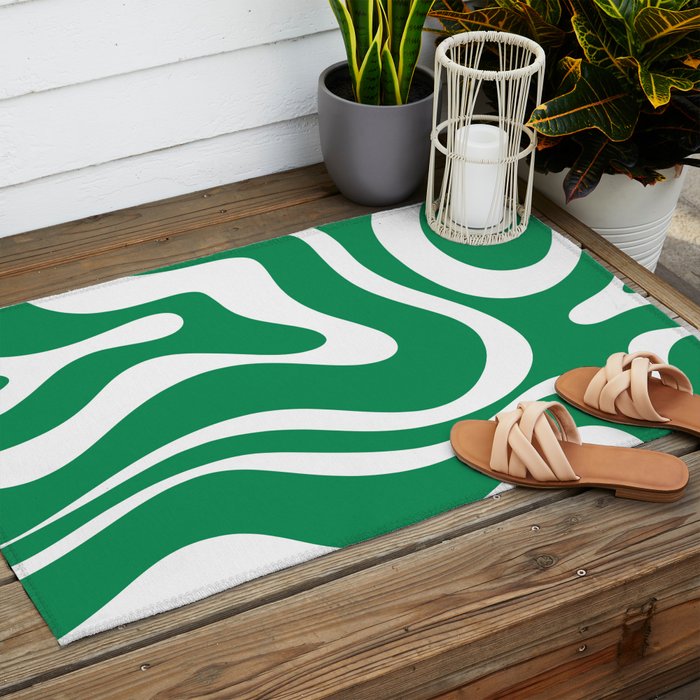 Green and White Retro Modern Liquid Swirl Abstract Pattern Outdoor Rug Gallery Image 2
