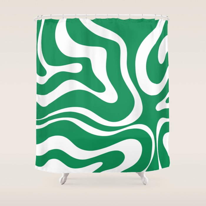 Green and White Retro Modern Liquid Swirl Abstract Pattern Shower Curtain Gallery Image 1