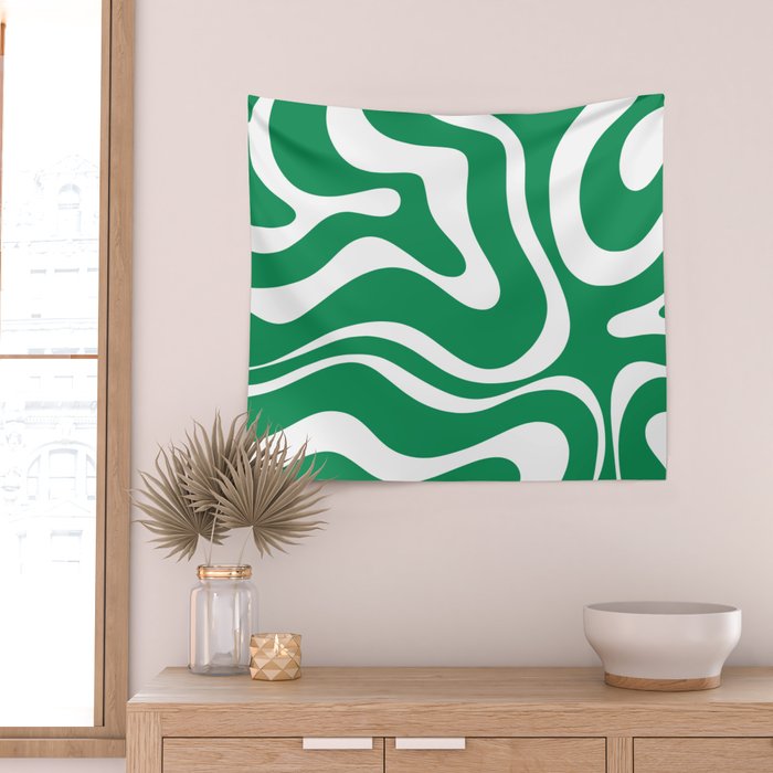 Green and White Retro Modern Liquid Swirl Abstract Pattern Wall Tapestry Gallery Image 2
