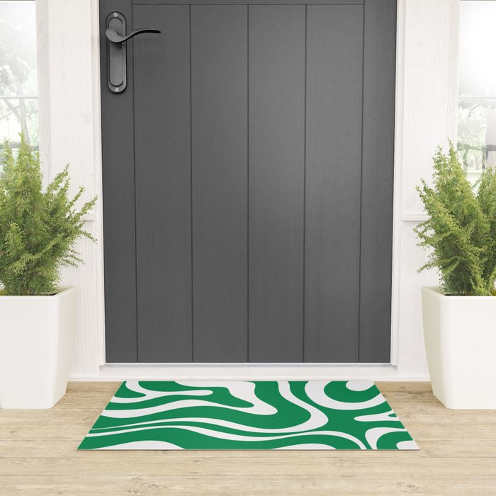 Green and White Retro Modern Liquid Swirl Abstract Pattern Welcome Mat Gallery Image 3