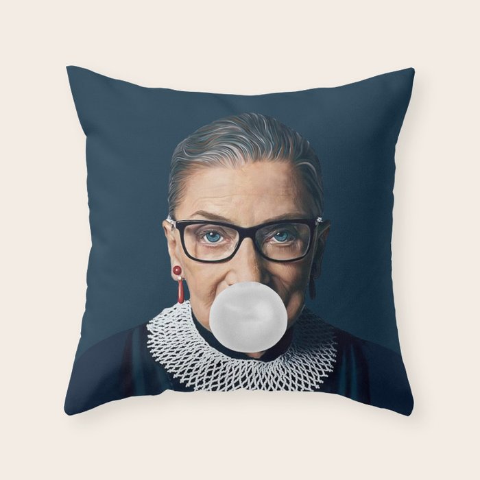 Ruth Bader Ginsburg Blowing White Bubble gum Throw Pillow Gallery Image 1