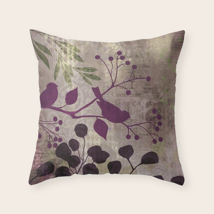 Whimsy Bird Garden Dreamy Mixed Media Art  Throw Pillow Gallery Image 6