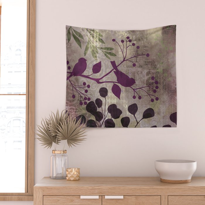 Whimsy Bird Garden Dreamy Mixed Media Art  Wall Tapestry Gallery Image 2