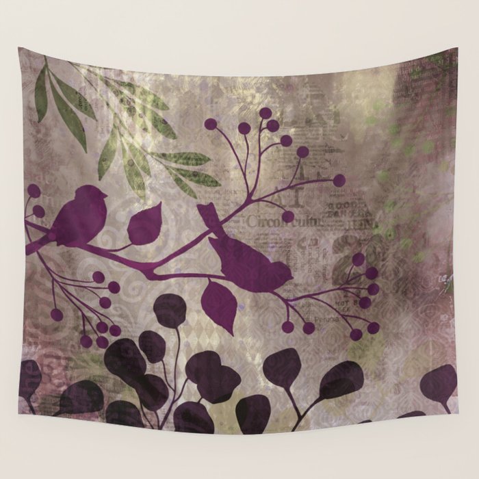 Whimsy Bird Garden Dreamy Mixed Media Art  Wall Tapestry Gallery Image 4
