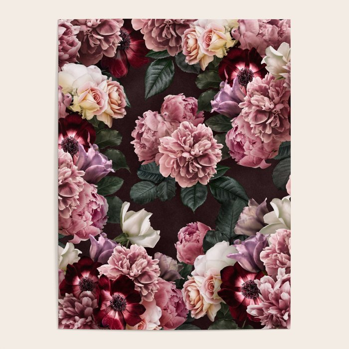 Vintage bouquets of pink lush peonies, purple tulips, roses and dark red anemones. Poster Gallery Image 1