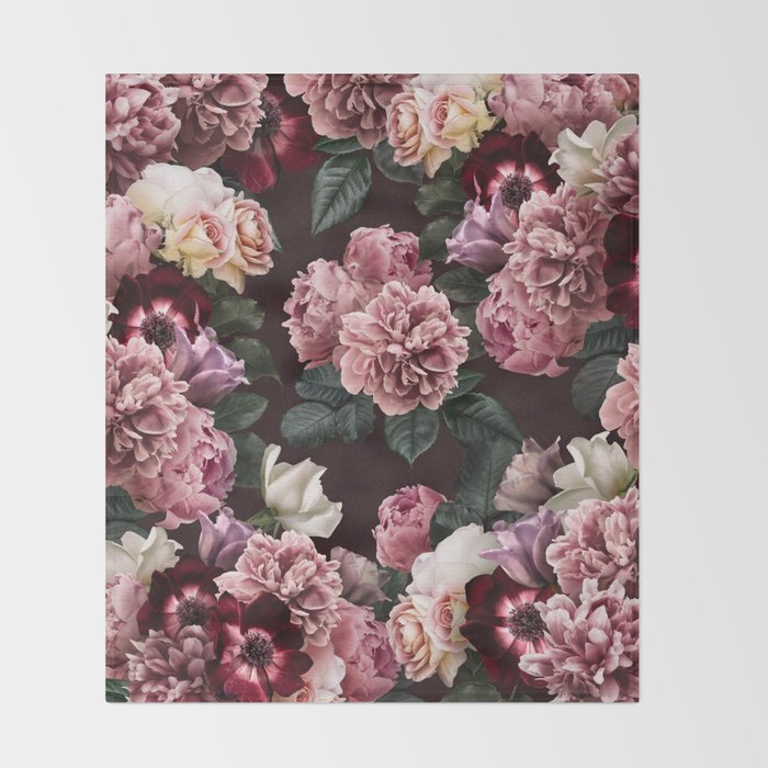 Vintage bouquets of pink lush peonies, purple tulips, roses and dark red anemones. Throw Blanket Gallery Image 2