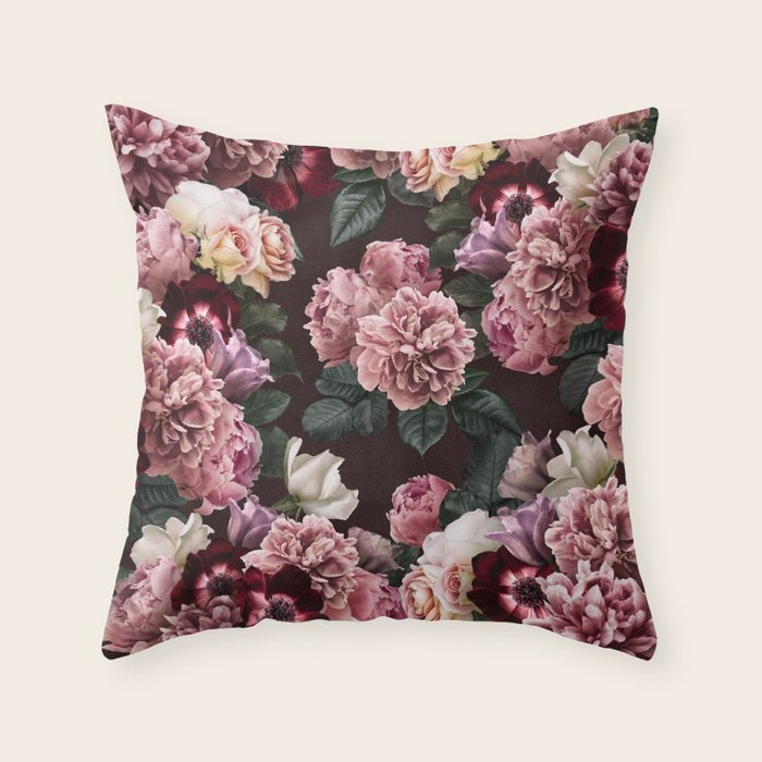 Vintage bouquets of pink lush peonies, purple tulips, roses and dark red anemones. Throw Pillow Gallery Image 1