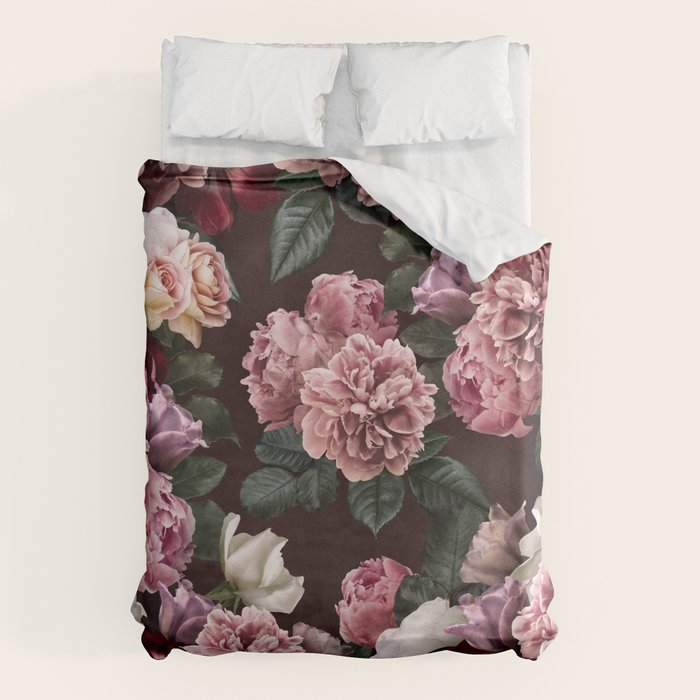 Vintage bouquets of pink lush peonies, purple tulips, roses and dark red anemones. Duvet Cover