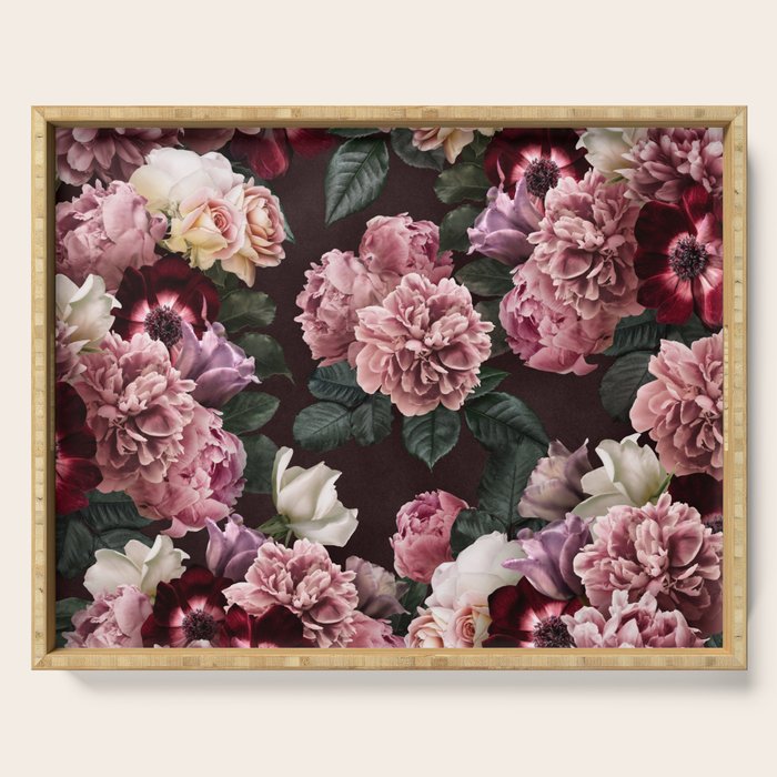 Vintage bouquets of pink lush peonies, purple tulips, roses and dark red anemones. Serving Tray Gallery Image 1