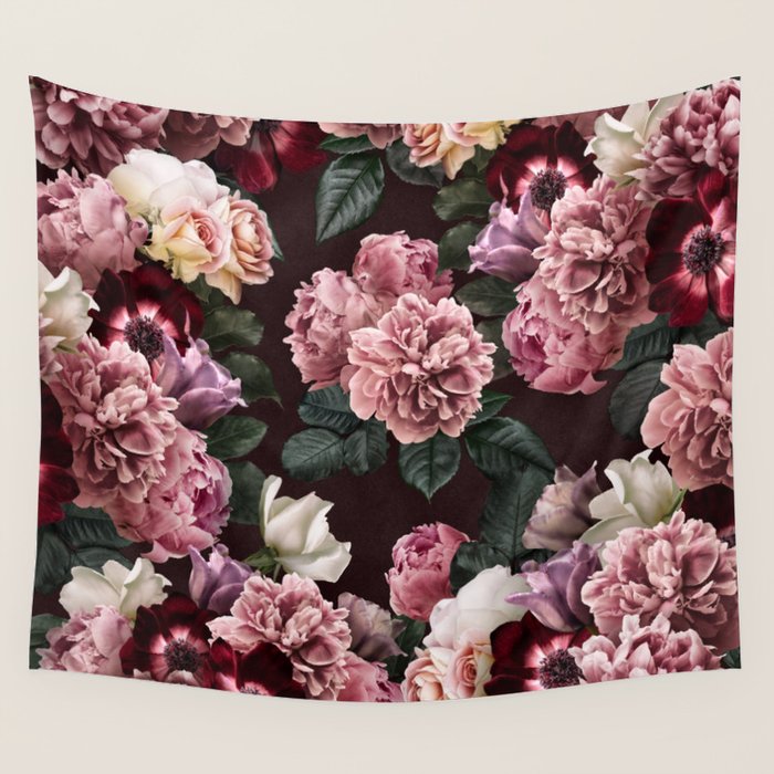 Vintage bouquets of pink lush peonies, purple tulips, roses and dark red anemones. Wall Tapestry Gallery Image 4