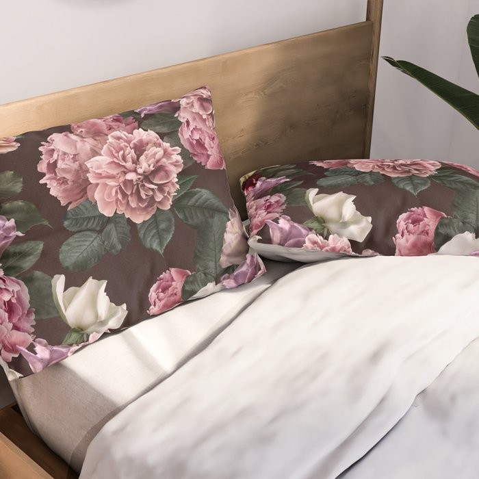 Vintage bouquets of pink lush peonies, purple tulips, roses and dark red anemones. Pillow Sham Gallery Image 2