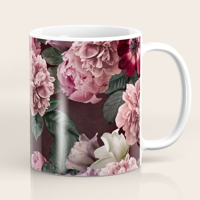Vintage bouquets of pink lush peonies, purple tulips, roses and dark red anemones. Coffee Mug Gallery Image 1