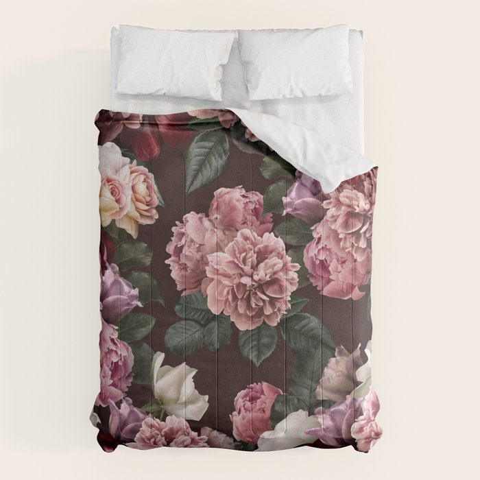 Vintage bouquets of pink lush peonies, purple tulips, roses and dark red anemones. Comforter Gallery Image 6