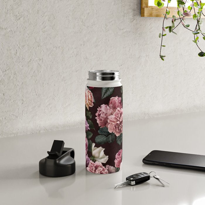 Vintage bouquets of pink lush peonies, purple tulips, roses and dark red anemones. Water Bottle Gallery Image 4
