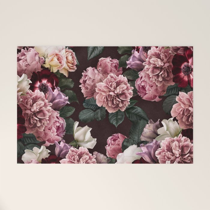 Vintage bouquets of pink lush peonies, purple tulips, roses and dark red anemones. Welcome Mat Gallery Image 1