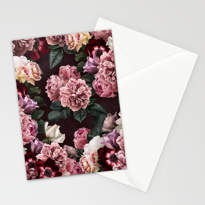 Vintage bouquets of pink lush peonies, purple tulips, roses and dark red anemones. Stationery Card Gallery Image 2