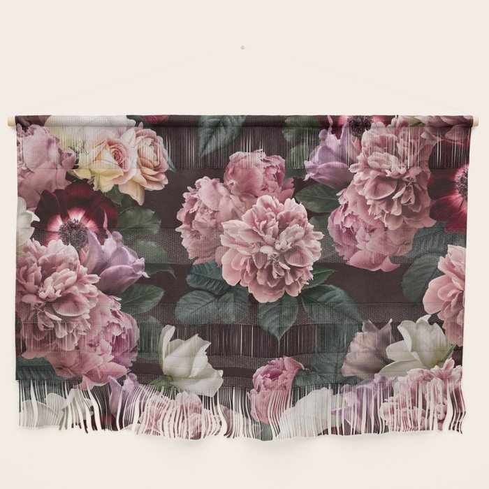 Vintage bouquets of pink lush peonies, purple tulips, roses and dark red anemones. Wall Hanging