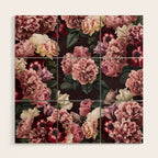 Vintage bouquets of pink lush peonies, purple tulips, roses and dark red anemones. Wood Wall Art Gallery Image 1