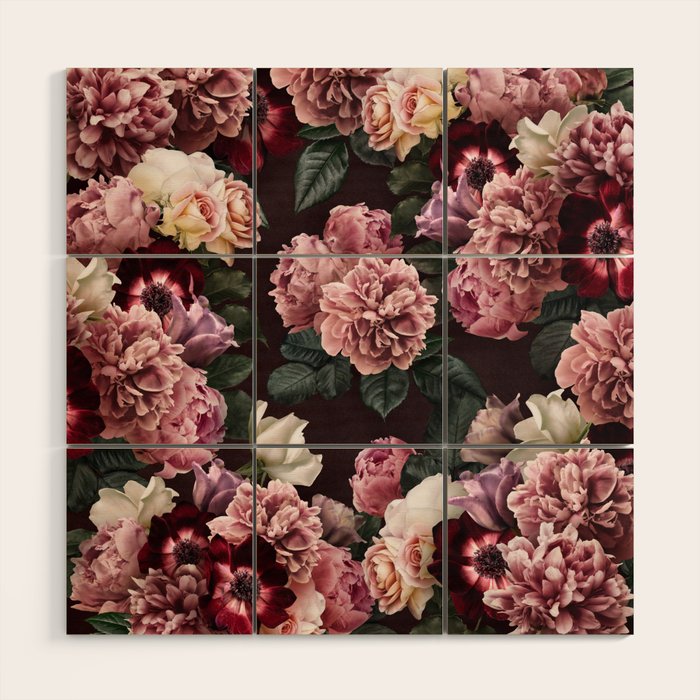 Vintage bouquets of pink lush peonies, purple tulips, roses and dark red anemones. Wood Wall Art Gallery Image 1