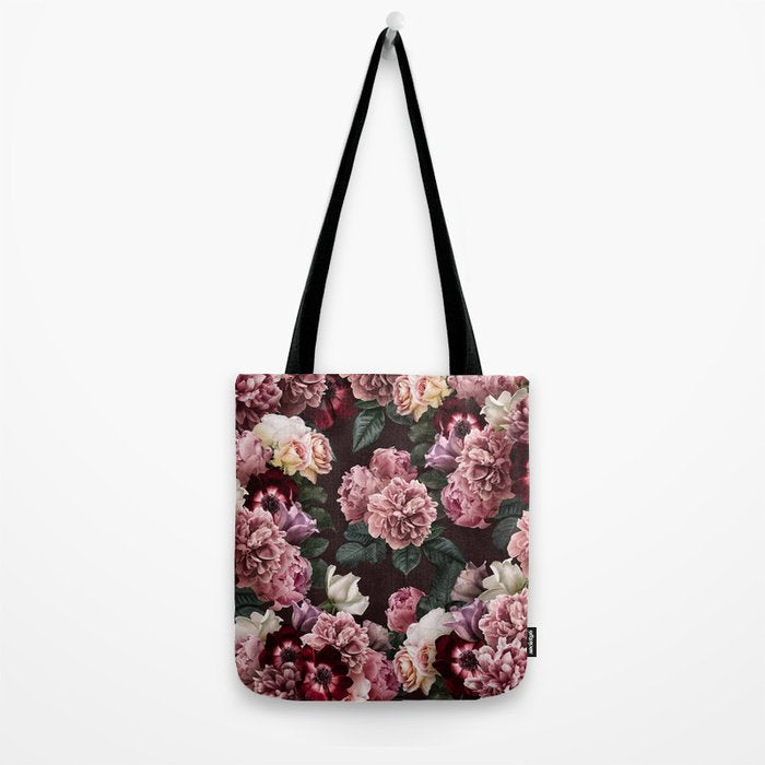 Vintage bouquets of pink lush peonies, purple tulips, roses and dark red anemones. Tote Bag Gallery Image 2