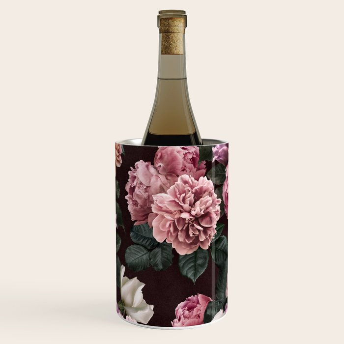 Vintage bouquets of pink lush peonies, purple tulips, roses and dark red anemones. Wine Chiller