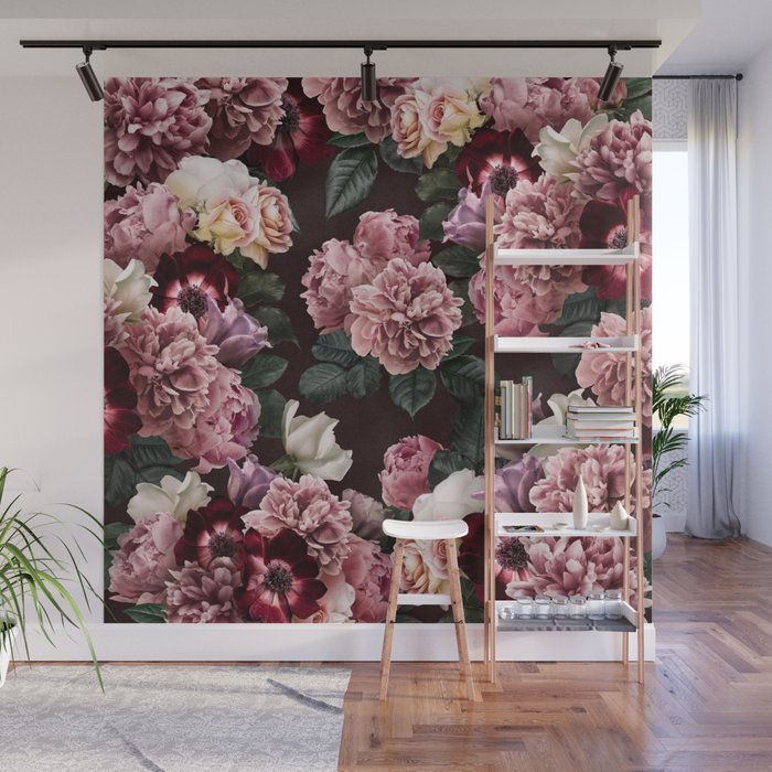 Vintage bouquets of pink lush peonies, purple tulips, roses and dark red anemones. Wall Mural Gallery Image 1