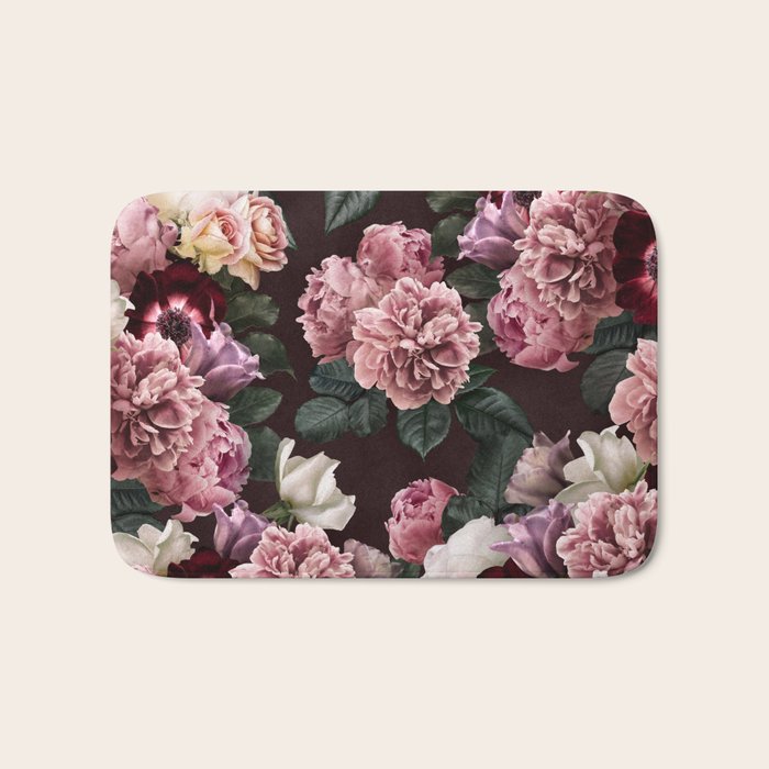 Vintage bouquets of pink lush peonies, purple tulips, roses and dark red anemones. Bath Mat Gallery Image 1