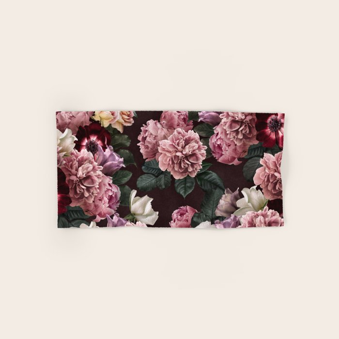 Vintage bouquets of pink lush peonies, purple tulips, roses and dark red anemones. Bath Towel Gallery Image 1