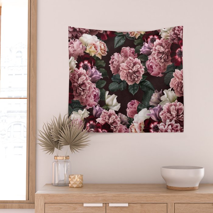 Vintage bouquets of pink lush peonies, purple tulips, roses and dark red anemones. Wall Tapestry Gallery Image 2
