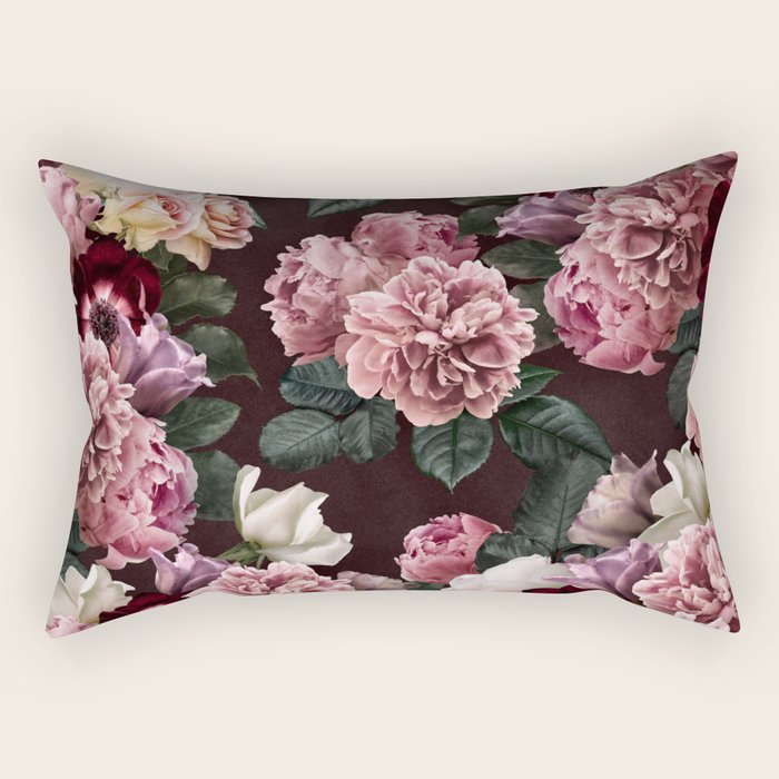Vintage bouquets of pink lush peonies, purple tulips, roses and dark red anemones. Rectangular Pillow Gallery Image 1