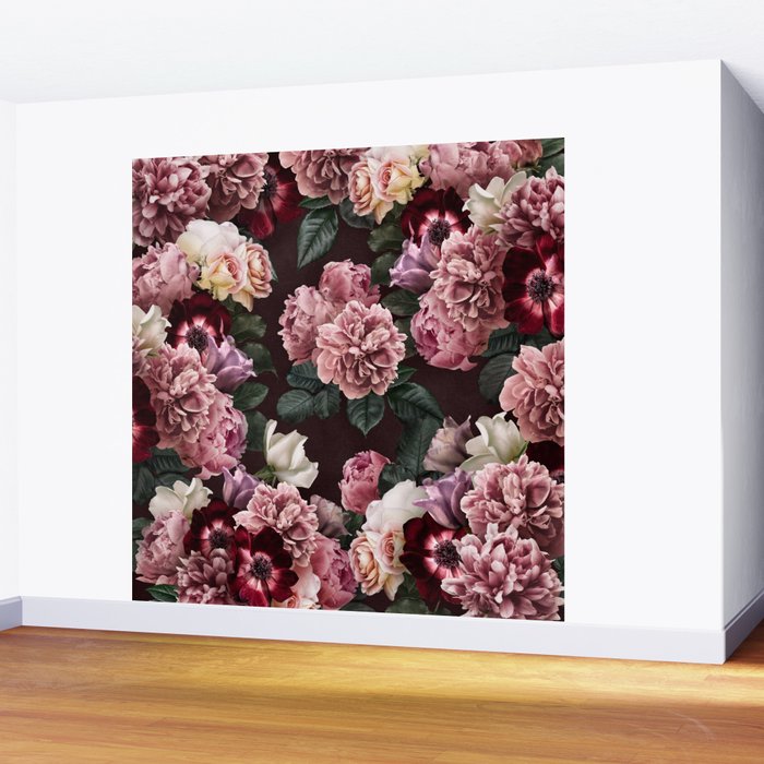 Vintage bouquets of pink lush peonies, purple tulips, roses and dark red anemones. Wall Mural Gallery Image 2
