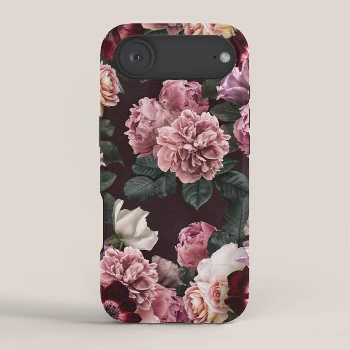Vintage bouquets of pink lush peonies, purple tulips, roses and dark red anemones. iPhone Case Gallery Image 2