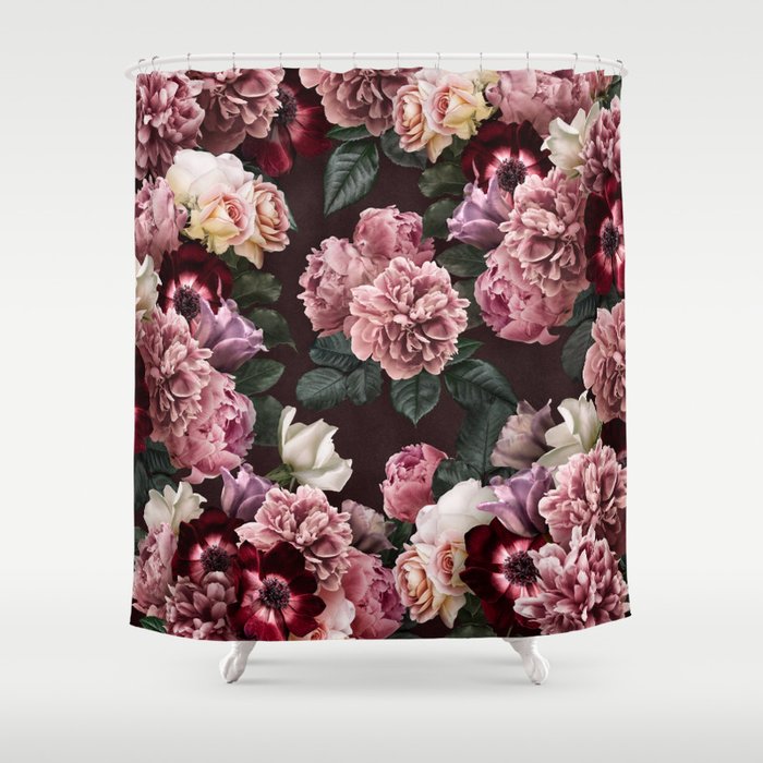 Vintage bouquets of pink lush peonies, purple tulips, roses and dark red anemones. Shower Curtain Gallery Image 1