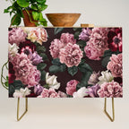 Vintage bouquets of pink lush peonies, purple tulips, roses and dark red anemones. Credenza Gallery Image 1