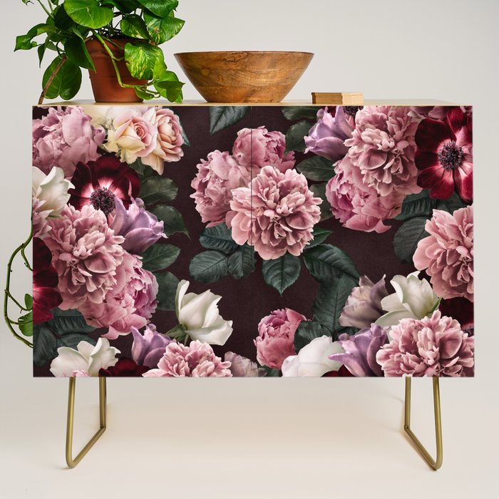 Vintage bouquets of pink lush peonies, purple tulips, roses and dark red anemones. Credenza Gallery Image 1