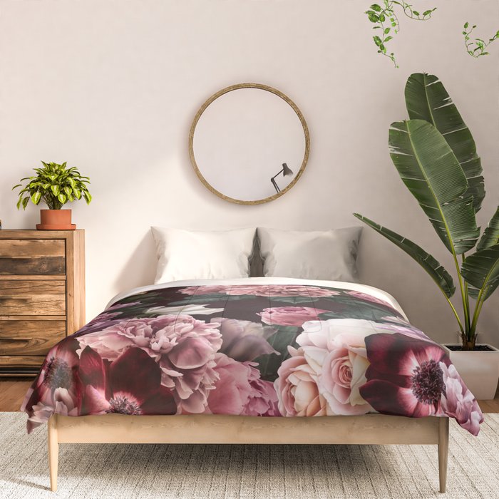 Vintage bouquets of pink lush peonies, purple tulips, roses and dark red anemones. Comforter Gallery Image 3