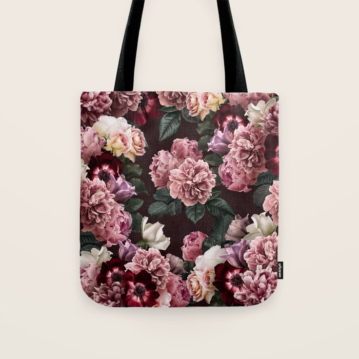Vintage bouquets of pink lush peonies, purple tulips, roses and dark red anemones. Tote Bag Gallery Image 1