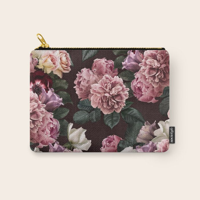 Vintage bouquets of pink lush peonies, purple tulips, roses and dark red anemones. Carry All Pouch Gallery Image 1