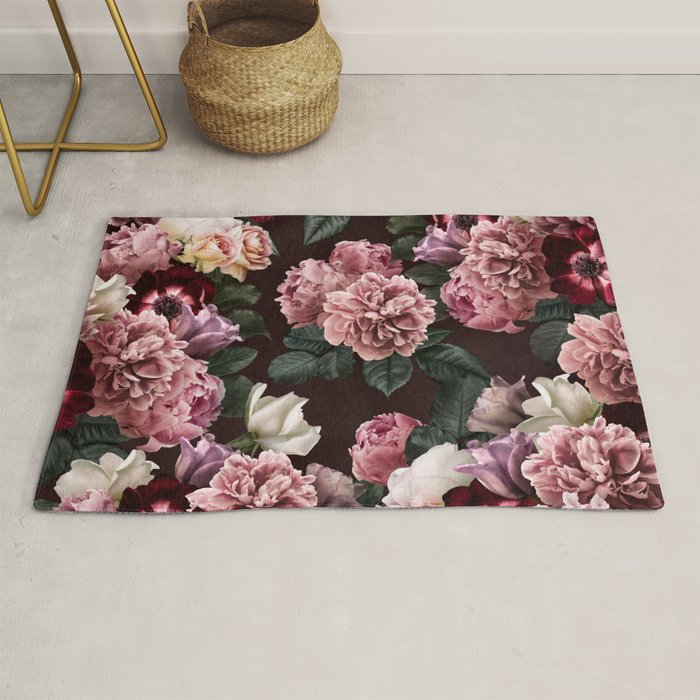 Vintage bouquets of pink lush peonies, purple tulips, roses and dark red anemones. Rug Gallery Image 1