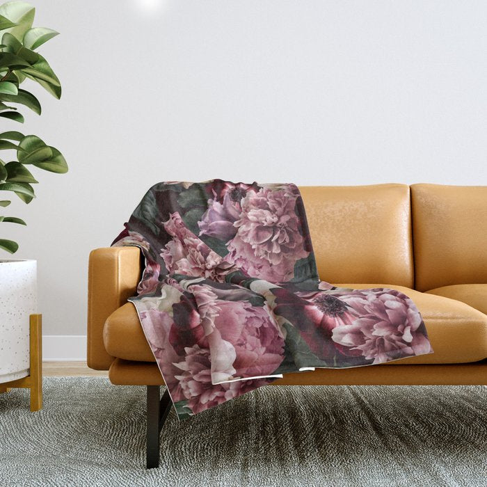 Vintage bouquets of pink lush peonies, purple tulips, roses and dark red anemones. Throw Blanket Gallery Image 1