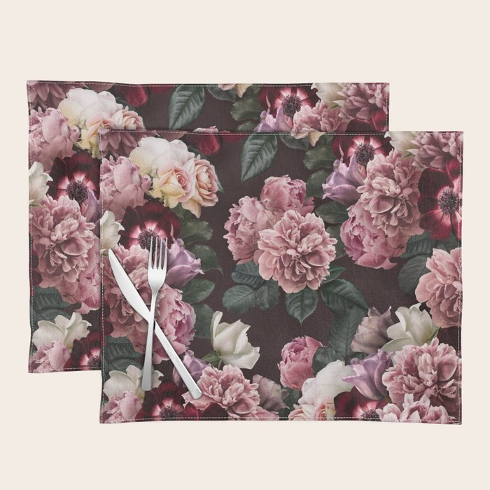 Vintage bouquets of pink lush peonies, purple tulips, roses and dark red anemones. Placemat Gallery Image 1