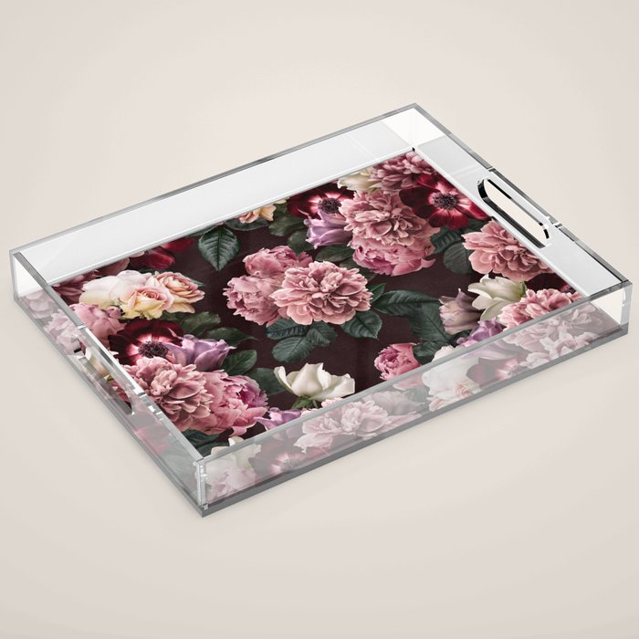Vintage bouquets of pink lush peonies, purple tulips, roses and dark red anemones. Acrylic Tray Gallery Image 1