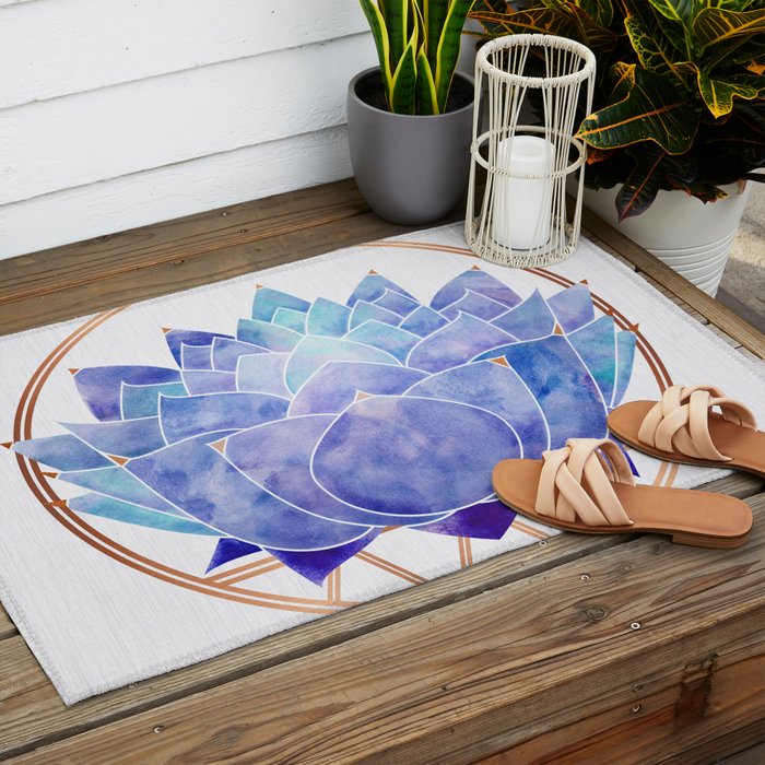 Violet Zen Lotus Flower Watercolor Outdoor Rug Gallery Image 2