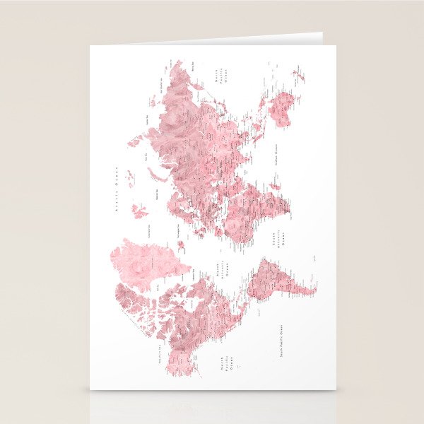 Light pink, muted pink and dusty pink watercolor world map with cities Stationery Card Gallery Image 2