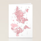 Light pink, muted pink and dusty pink watercolor world map with cities Stationery Card Gallery Image 2