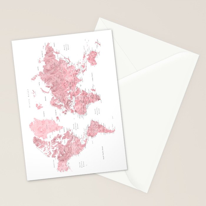 Light pink, muted pink and dusty pink watercolor world map with cities Stationery Card Gallery Image 2