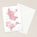 Light pink, muted pink and dusty pink watercolor world map with cities Stationery Card Gallery Image 2