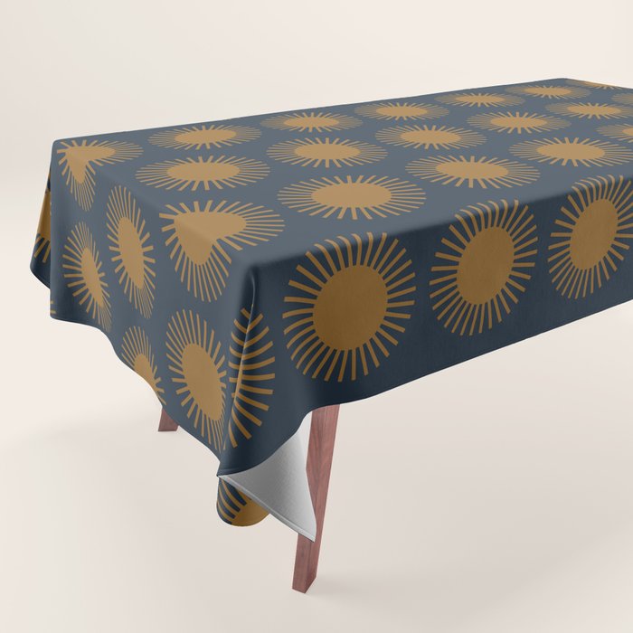 Boho Summer Sun Pattern VII Navy Blue Burnt Orange Tablecloth Gallery Image 1